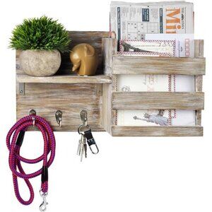 Wall-Mounted Key Hooks Holder and Mail Sorter - Rustic Wood Grey